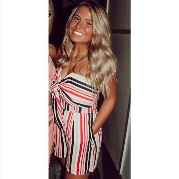 Striped Tie Front Romper - Picture 1 of 3